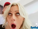 Squirting blonde MILF sucking cock during buttfucking duo